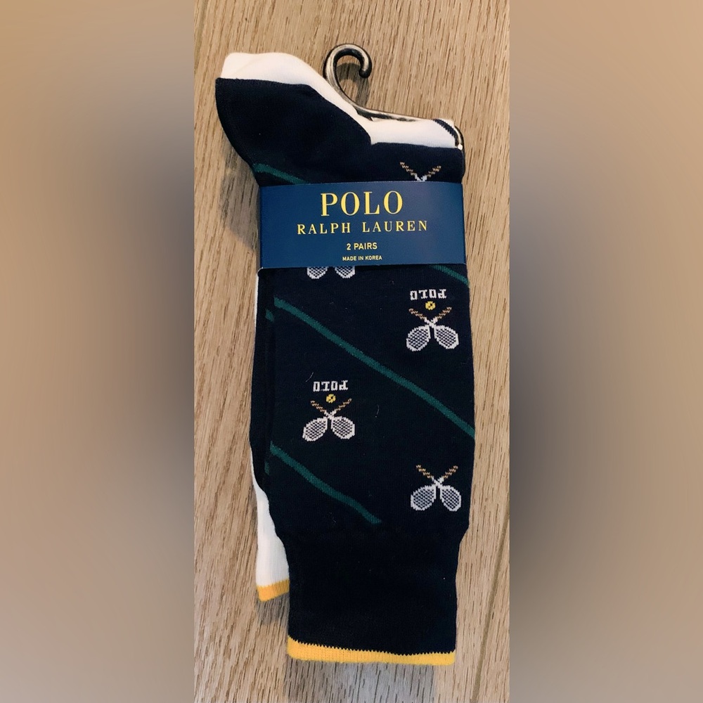 NWT Polo Ralph Lauren 2 pair socks with tennis logo. Men’s SIZE 10-13 COLOR Navy